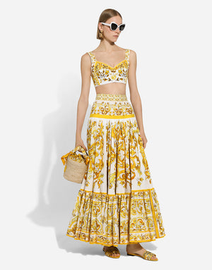 LONG MAJOLICA-PRINT POPLIN SKIRT WITH RUFFLES