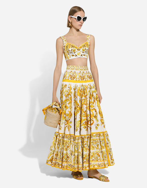 LONG MAJOLICA-PRINT POPLIN SKIRT WITH RUFFLES