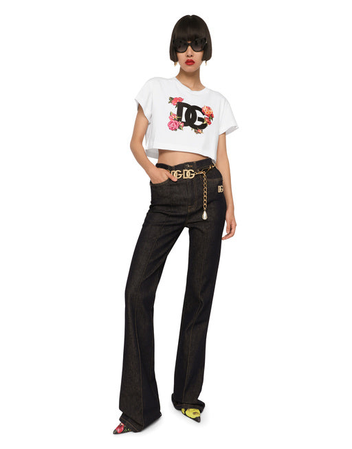 CROPPED JERSEY T-SHIRT WITH DG LOGO PATCH