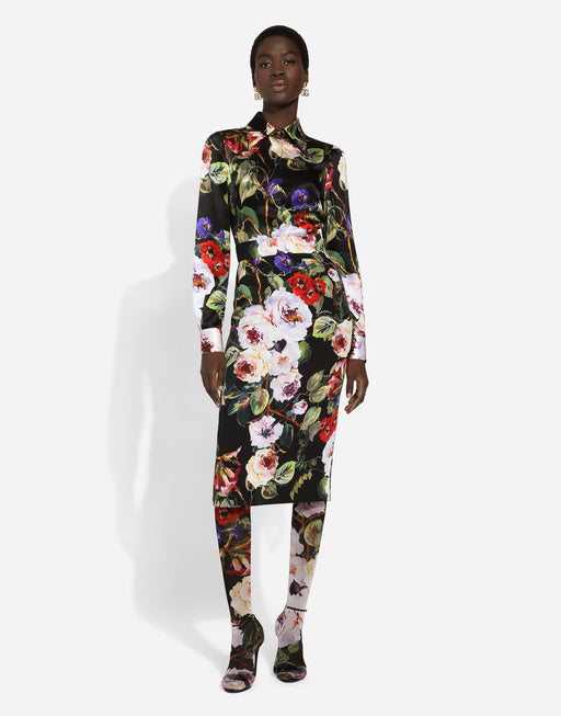 CHARMEUSE CALF-LENGTH SKIRT WITH ROSE GARDEN PRINT