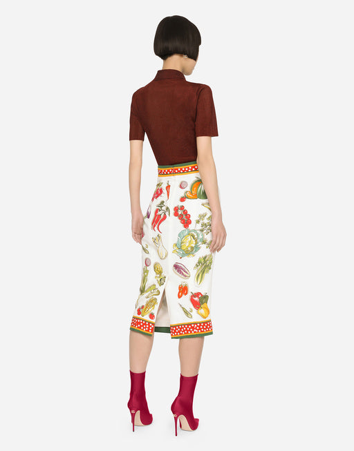 VEGETABLE-PRINT CHARMEUSE CALF-LENGTH SKIRT