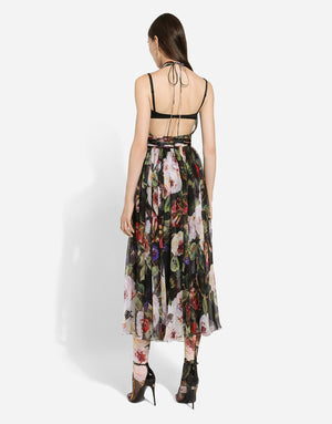 CHIFFON CALF-LENGTH DRESS WITH ROSE GARDEN PRINT