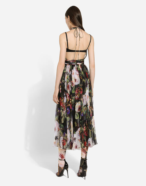 CHIFFON CALF-LENGTH DRESS WITH ROSE GARDEN PRINT