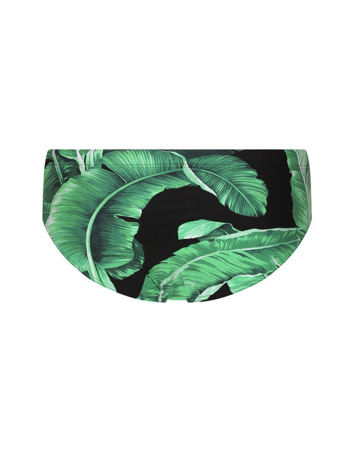 BANANA-TREE-PRINT SWIM BRIEFS WITH HIGH-CUT LEG