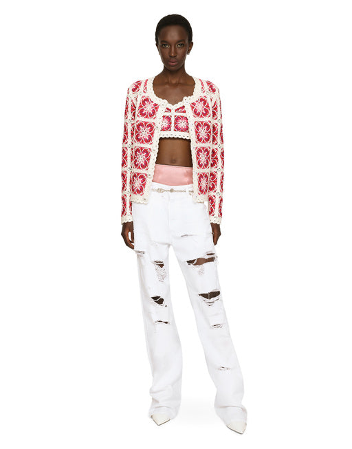 BRICK-STITCHED CROCHET CARDIGAN WITH MAJOLICA PRINT