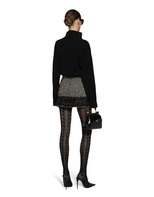 SHORT MICRO-TWEED SKIRT WITH LACE INSERT