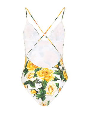 ONE-PIECE SWIMSUIT WITH PLUNGING NECKLINE AND YELLOW ROSE PRINT