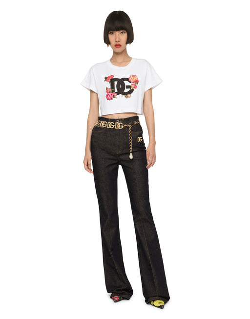 CROPPED JERSEY T-SHIRT WITH DG LOGO PATCH