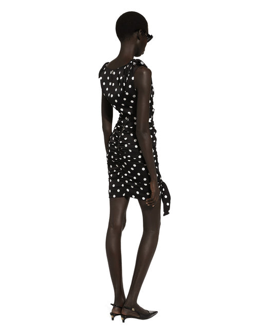 CHARMEUSE MIDI DRESS WITH DRAPING AND POLKA-DOT PRINT