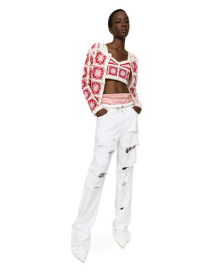 BRICK-STITCHED CROCHET CARDIGAN WITH MAJOLICA PRINT