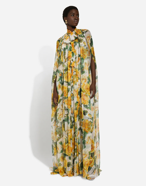 SILK CHIFFON CAPE WITH YELLOW ROSE PRINT