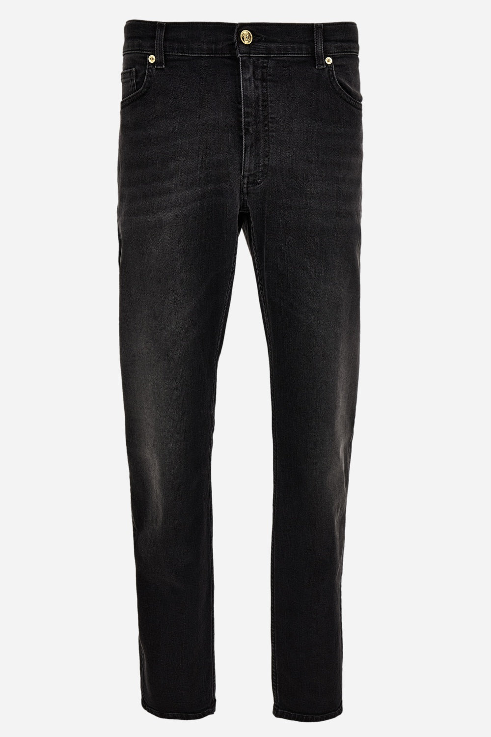Pant Denim In Black Stretch Denim-Stone Wash-Mustache-Medusa Embroidery