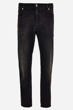Pant Denim In Black Stretch Denim-Stone Wash-Mustache-Medusa Embroidery