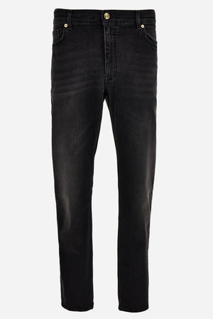 Pant Denim In Black Stretch Denim-Stone Wash-Mustache-Medusa Embroidery