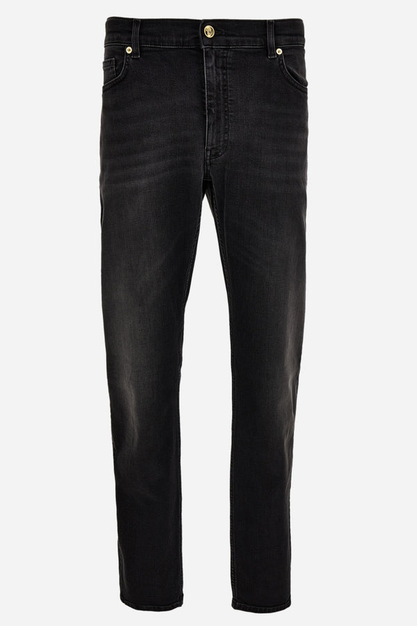 Pant Denim In Black Stretch Denim-Stone Wash-Mustache-Medusa Embroidery