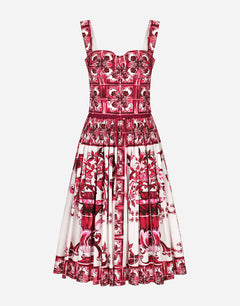 MIDI CORSET DRESS IN COTTON POPLIN WITH MAJOLICA PRINT
