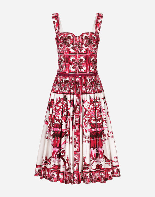 MIDI CORSET DRESS IN COTTON POPLIN WITH MAJOLICA PRINT