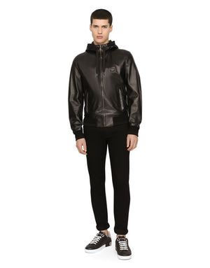 LEATHER JACKET WITH HOOD AND LOGO PLAQUE