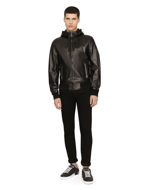 LEATHER JACKET WITH HOOD AND LOGO PLAQUE