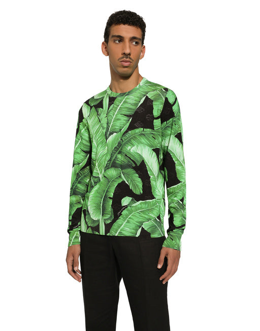 ROUND-NECK SILK SWEATER WITH BANANA TREE PRINT