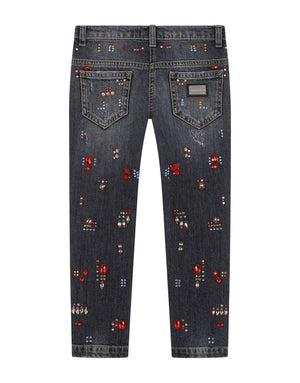 JEANS WITH MULTI-COLORED FUSIBLE RHINESTONE APPLIQUÉ