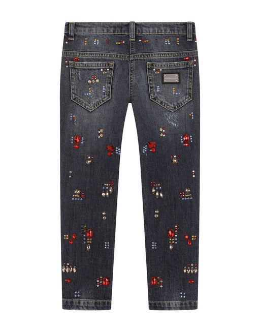 JEANS WITH MULTI-COLORED FUSIBLE RHINESTONE APPLIQUÉ