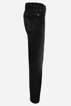 Pant Denim In Black Stretch Denim-Stone Wash-Mustache-Medusa Embroidery