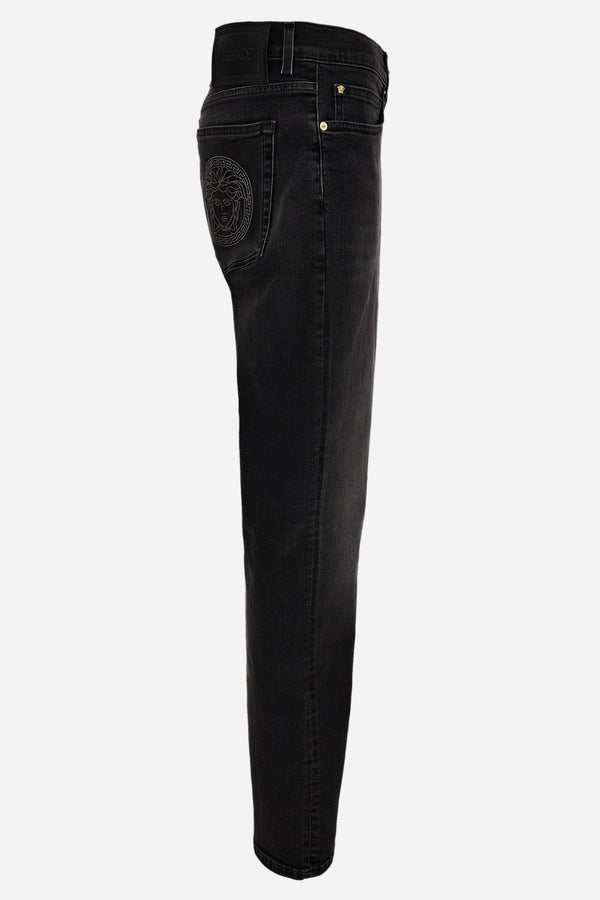 Pant Denim In Black Stretch Denim-Stone Wash-Mustache-Medusa Embroidery
