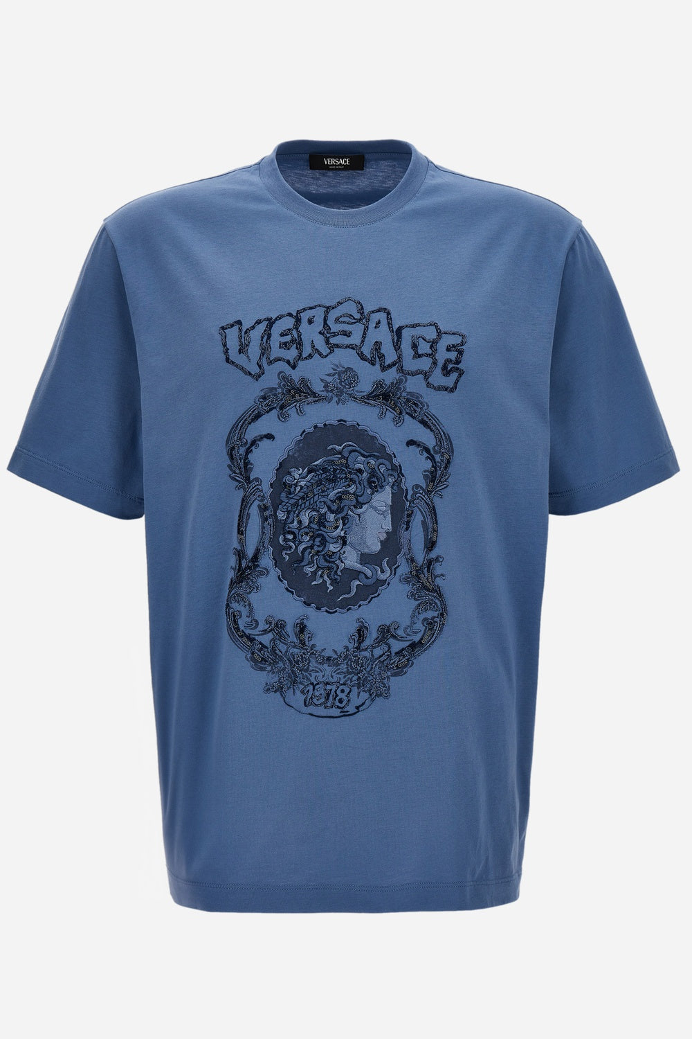T-Shirt In Compact Cotton Jersey Fabric-Punk Medusa Cameo Embroidery