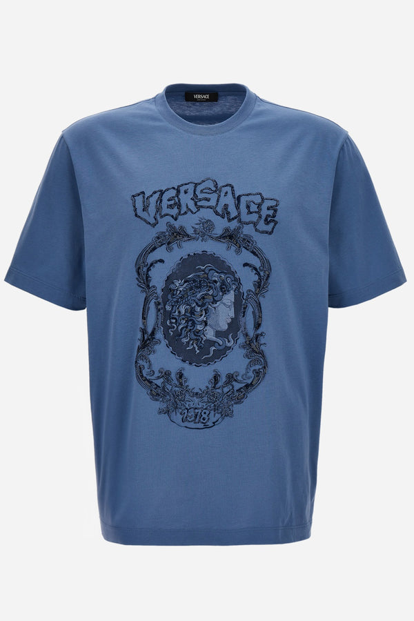 T-Shirt In Compact Cotton Jersey Fabric-Punk Medusa Cameo Embroidery