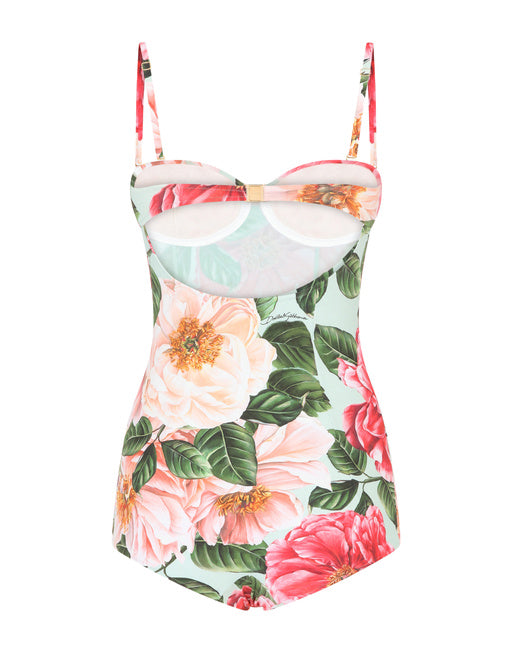 CAMELLIA-PRINT BALCONETTE ONE-PIECE SWIMSUIT
