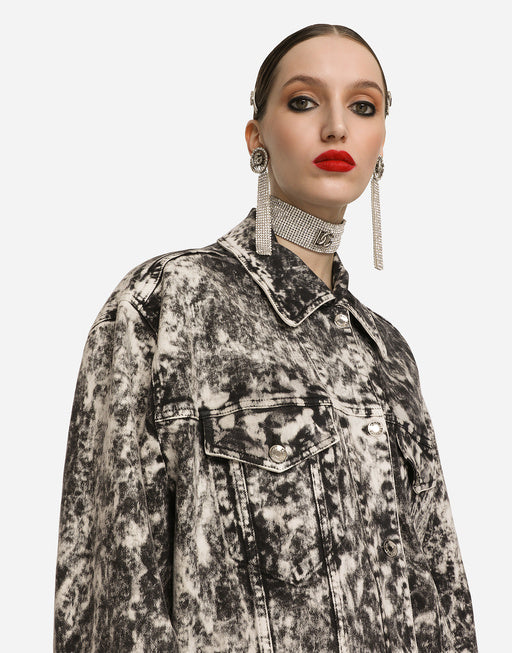 MARBLED DENIM JACKET WITH BRANDED PLATE