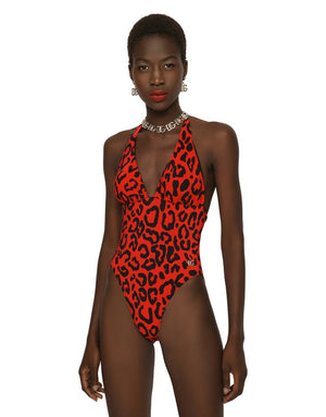 LEOPARD-PRINT ONE-PIECE SWIMSUIT WITH PLUNGING NECKLINE