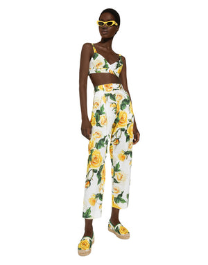 HIGH-WAISTED COTTON PANTS WITH YELLOW ROSE PRINT