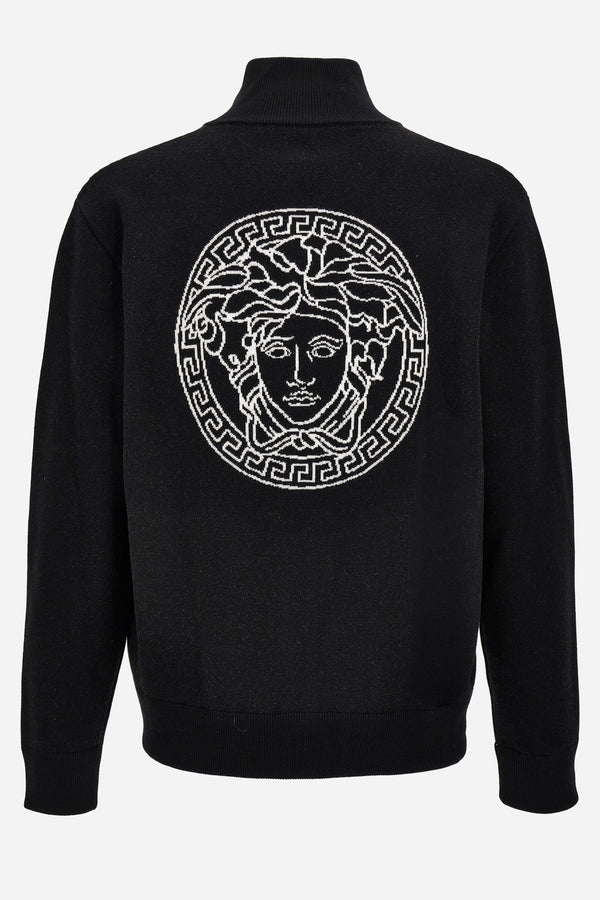Knit Sweater In New Medusa And Institutional Logo Jacquard Wool