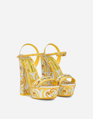 POLISHED CALFSKIN PLATFORM SANDALS WITH MAJOLICA PRINT
