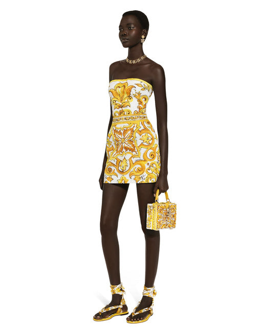 SHORT DRESS WITH CORSET BODICE IN MAJOLICA-PRINT BROCADE