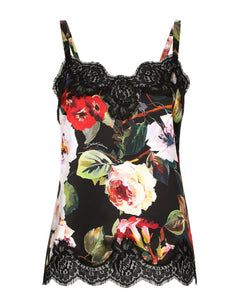 SATIN LINGERIE-STYLE TOP WITH ROSE GARDEN PRINT AND LACE DETAILING