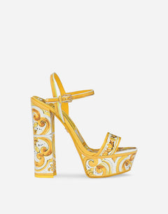 POLISHED CALFSKIN PLATFORM SANDALS WITH MAJOLICA PRINT