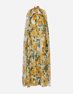 SILK CHIFFON CAPE WITH YELLOW ROSE PRINT