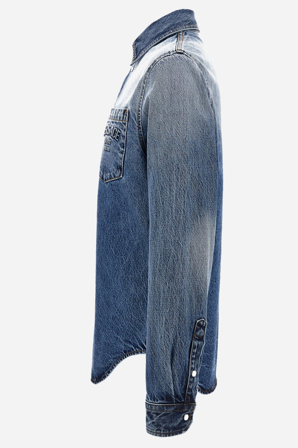 Shirt Denim In Stone Wash Blue Denim Fabric-Embossed Embroidery