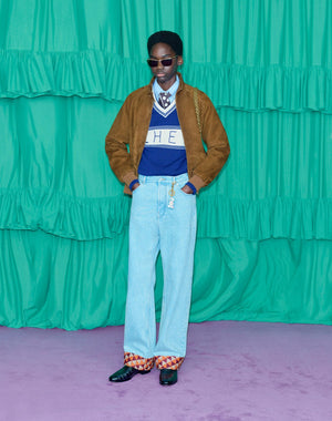 Pantalone In Denim Con Fondo In Jacquard