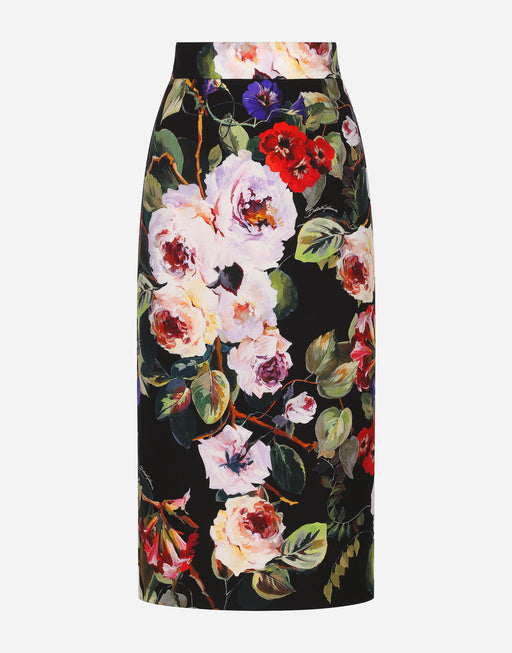 CHARMEUSE CALF-LENGTH SKIRT WITH ROSE GARDEN PRINT