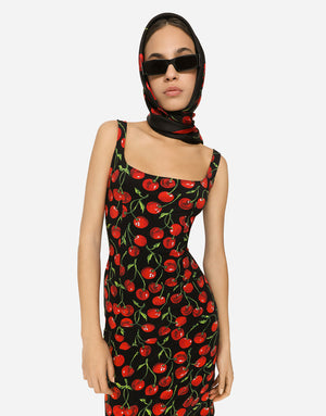 CHERRY-PRINT JERSEY MIDI DRESS