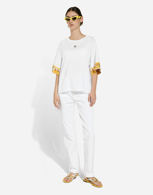 COTTON JERSEY T-SHIRT WITH MAJOLICA-PRINT SILK TWILL DETAILS
