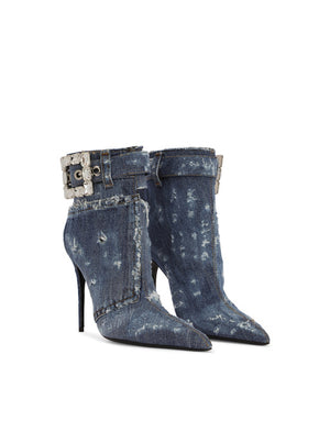 PATCHWORK DENIM ANKLE BOOTS WITH RHINESTONE BUCKLE