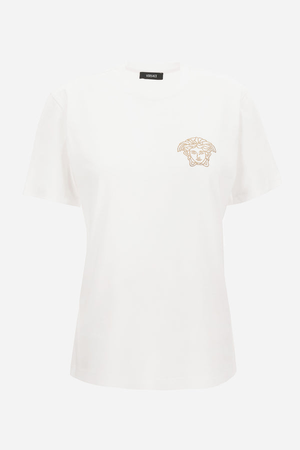 T-Shirt In Cotton Jersey Fabric With Medusa Hotfix Embroidery