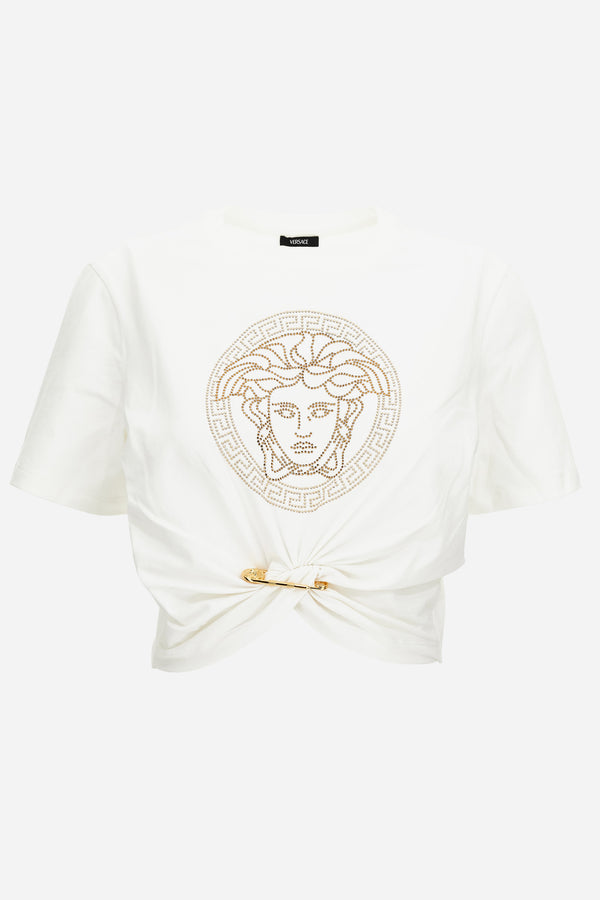 T-Shirt In Organic Stretch Cotton Jersey-Medusa Embroidery