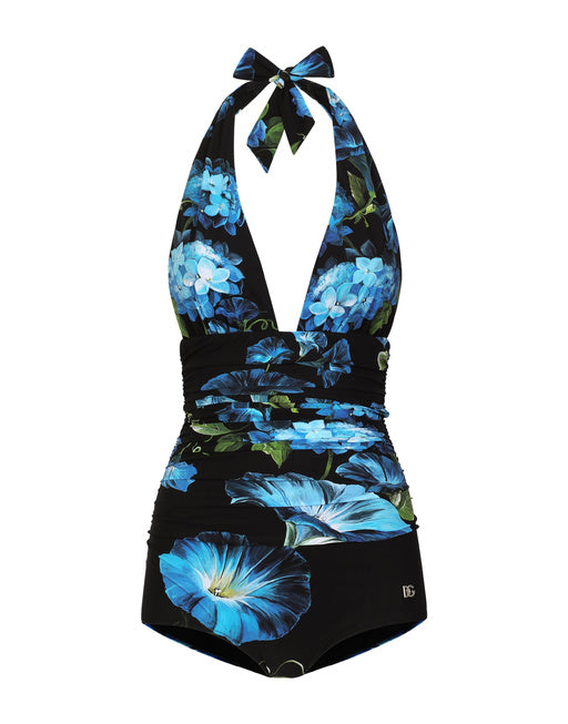 ONE-PIECE SWIMSUIT WITH PLUNGING NECKLINE AND BLUEBELL PRINT