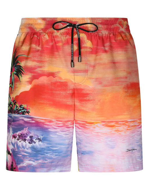 MID-LENGTH SWIM TRUNKS WITH HAWAIIAN PRINT